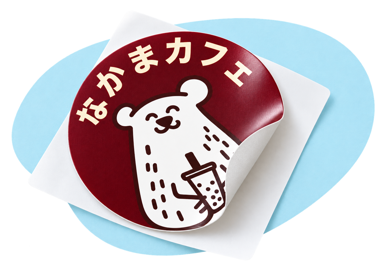 ภาพนำเสนอฉลากลาย Nakama Cafe ที่แยกตัวฉลากออกจากกระดาษรอง